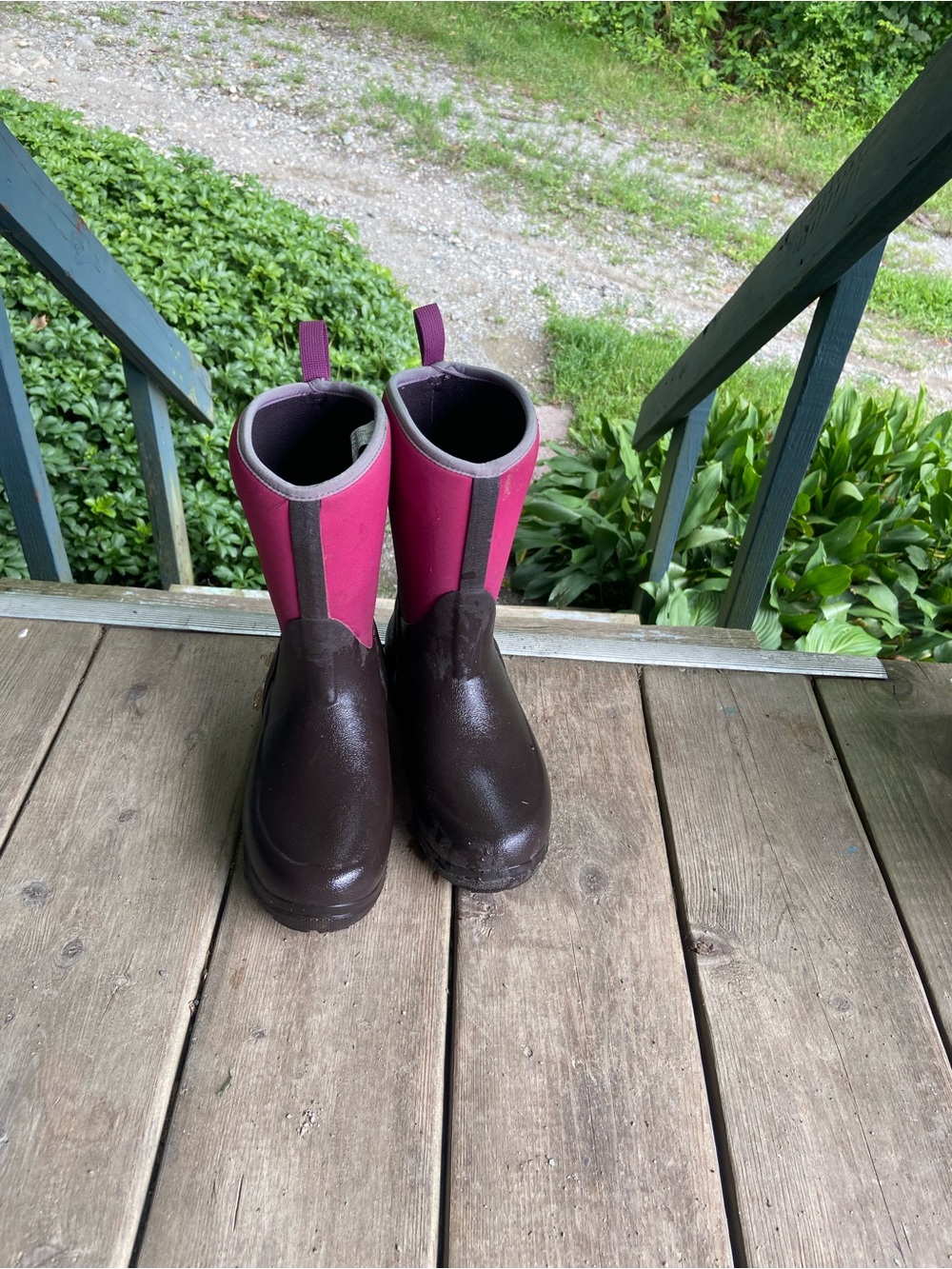 Kids Waterproof Brown and Pink Pull-On Rain Boots/ Muck Boots